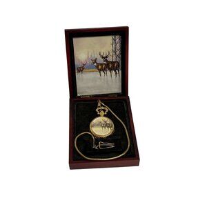 Vintage Pocket Watch Deer Scene Gold Color Chain Wooden Display Box Time Clock